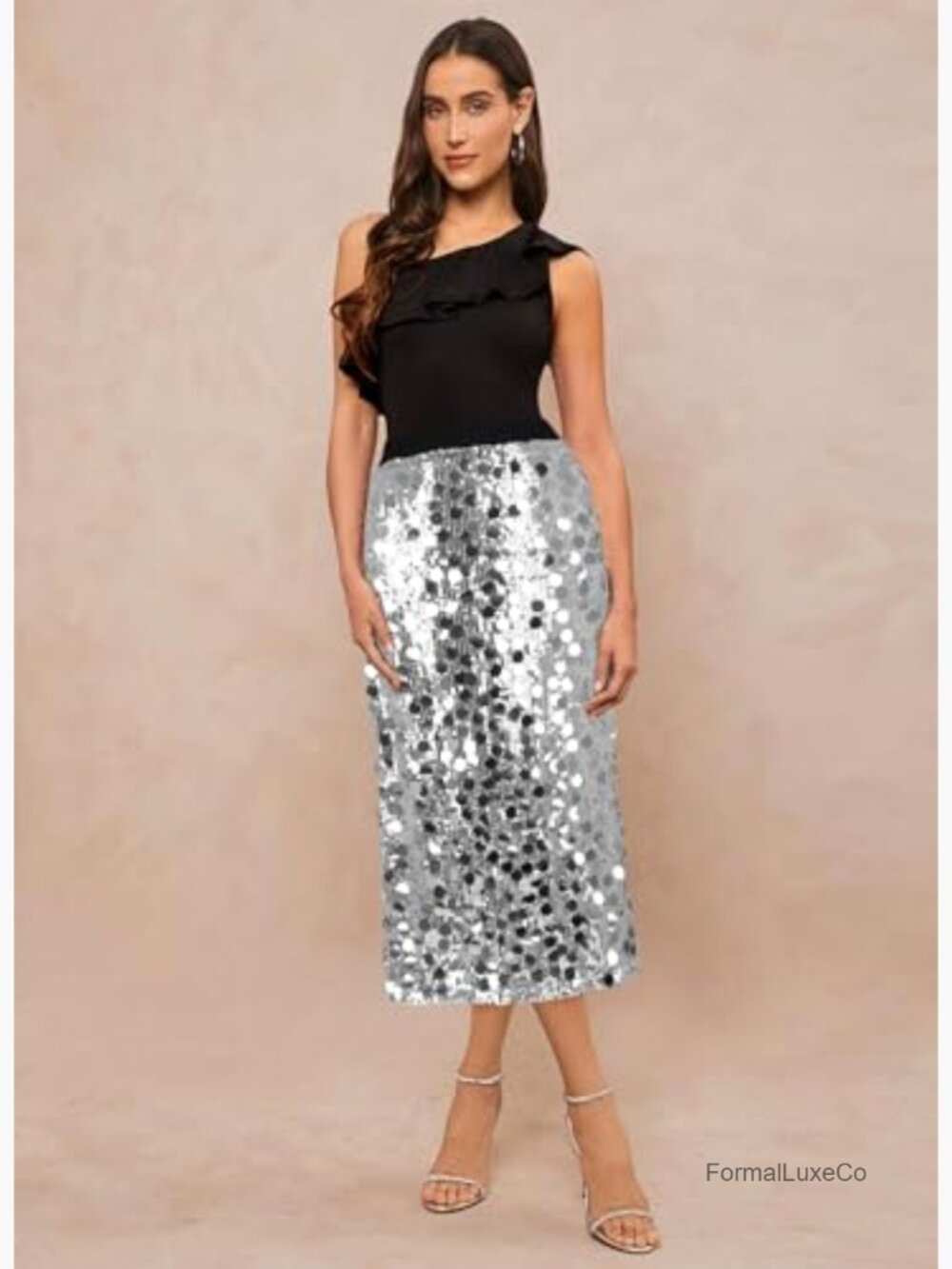 High Waist A-Line Sequin Midi Skirt Sparkly Shiny Party Club - Picture 2 of 6